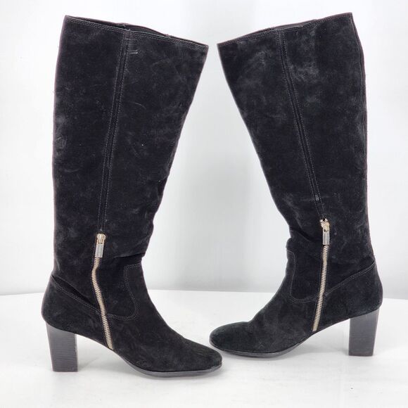 Michael Kors Buckle Suede Leather Black Tall Heeled Boots Size 10 - Picture 5 of 14